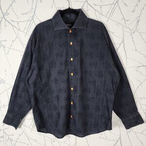 Bogosse Navy Black Floral Embossed Artsy Button Front Shirt